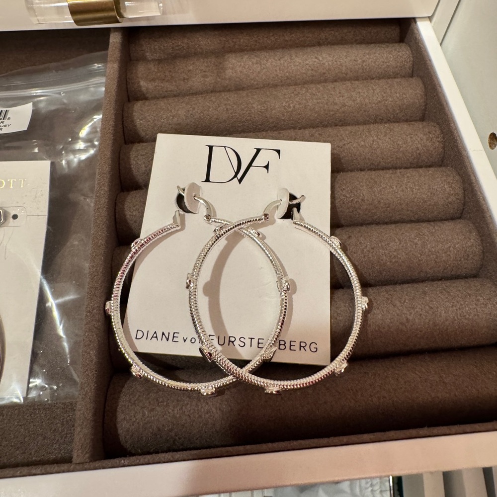 Diane Von Furstenberg Silver Textured Hoop Earrings